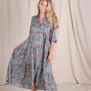 NATURAL LIFE Orange Floral Gray Blue Puff Sleeve Maxi Dress Size XS